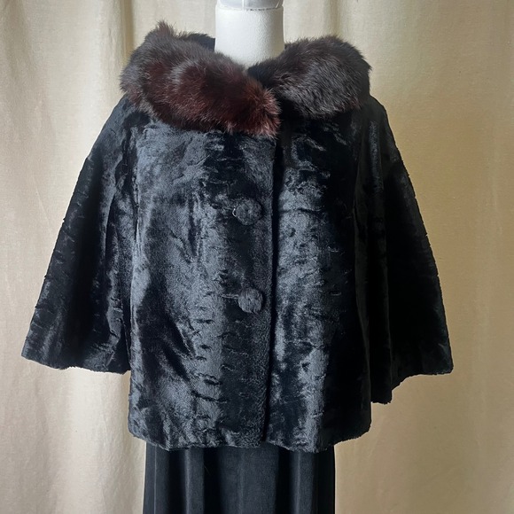 Vintage Sheared Fur Cape w/ Mink Collar Black Swing Evening Capelet M/L - Picture 2 of 9